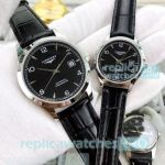 Best Quality Copy Longines Black Dial Black Leather Strap Lovers Watch